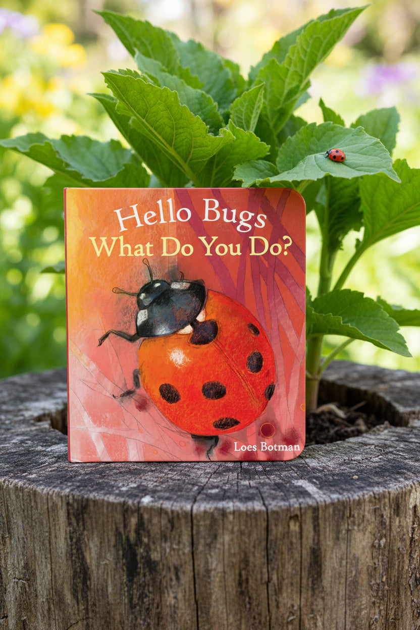 Book cover of Loes Botman board book Hello Bugs with a lady bug on the cover in pastels on a tree trunk with green plant