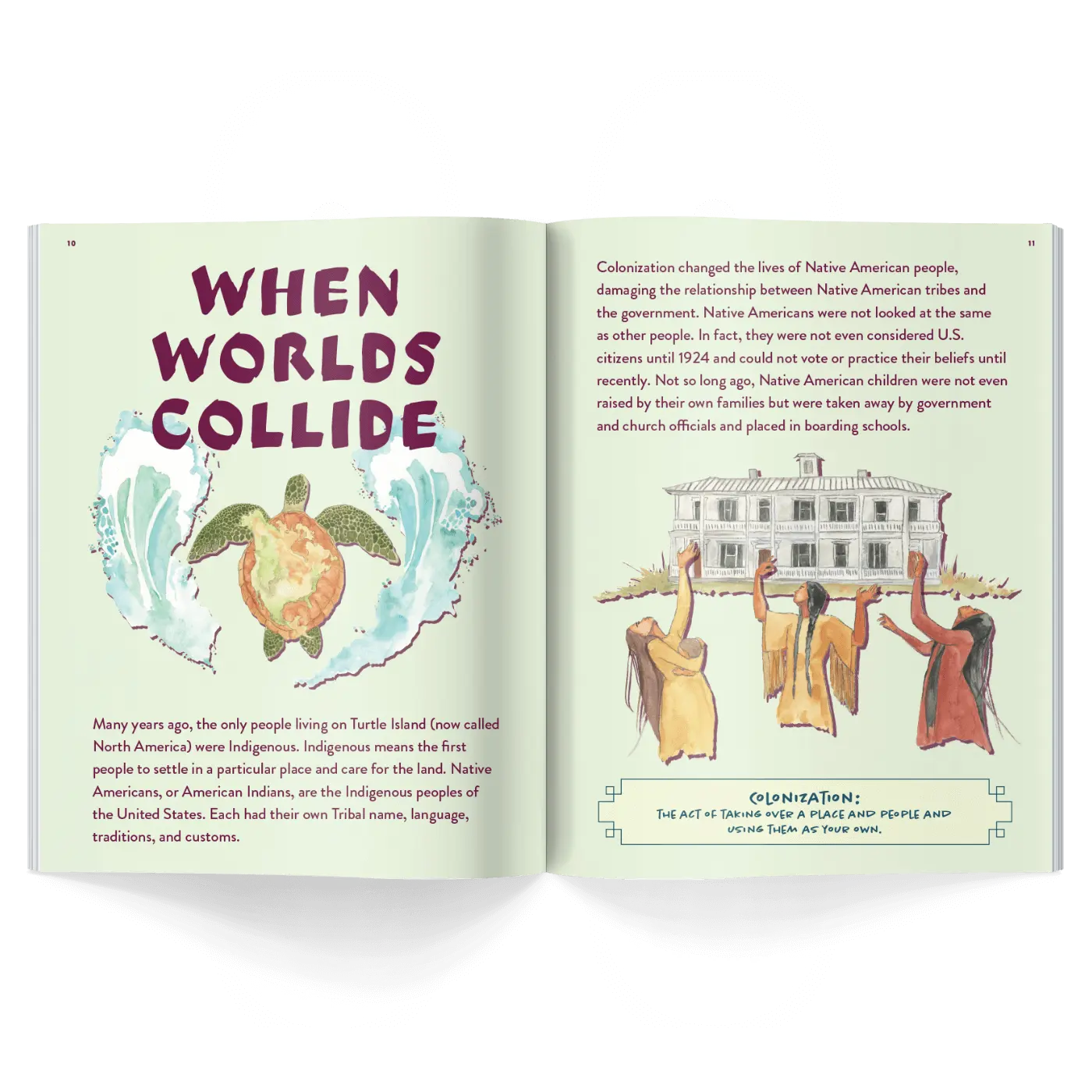 Children’s history magazine pages showing Turtle Island concept and colonization with illustrations of Native clothing and historical context