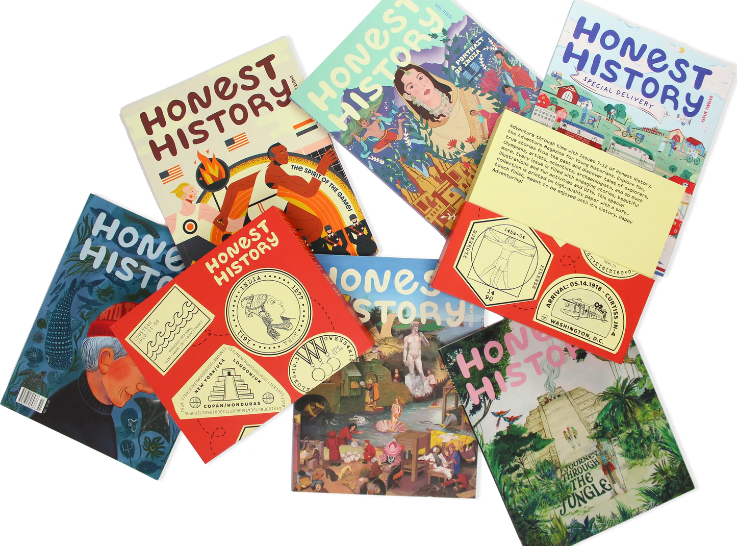Open Honest History magazine bundle box with magazines displayed on table showing full collection contents