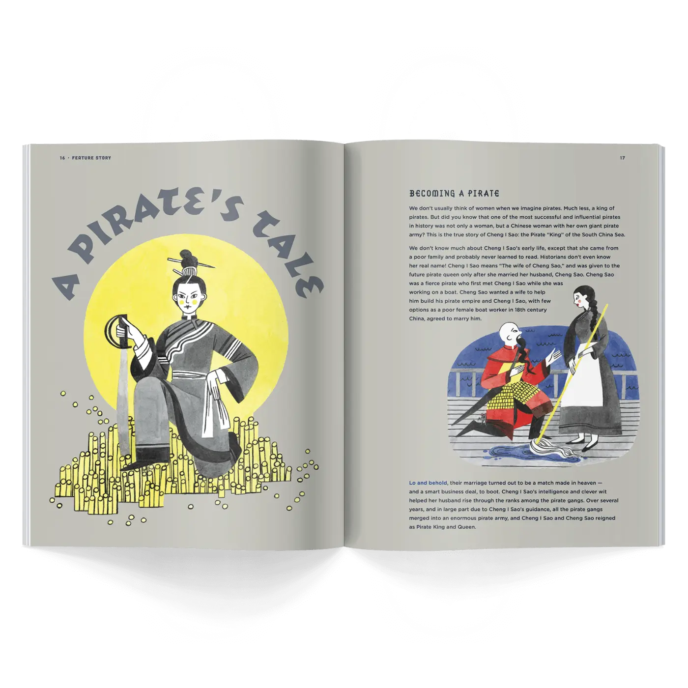 Children’s history magazine pages showing figure in traditional clothing with sword and story about becoming a pirate and maritime life