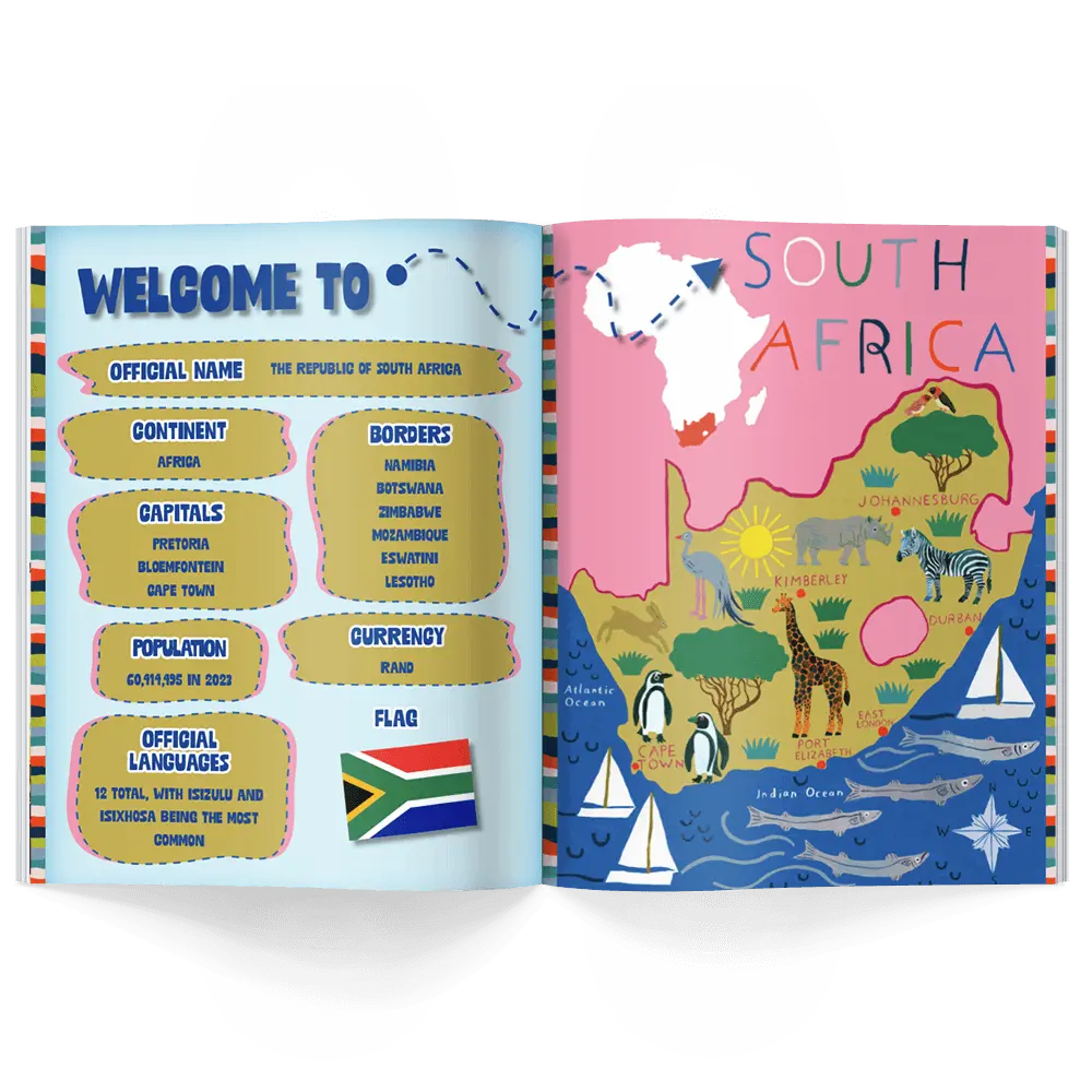 Children’s history magazine pages featuring South Africa map, flag, wildlife, and geography facts for educational learning