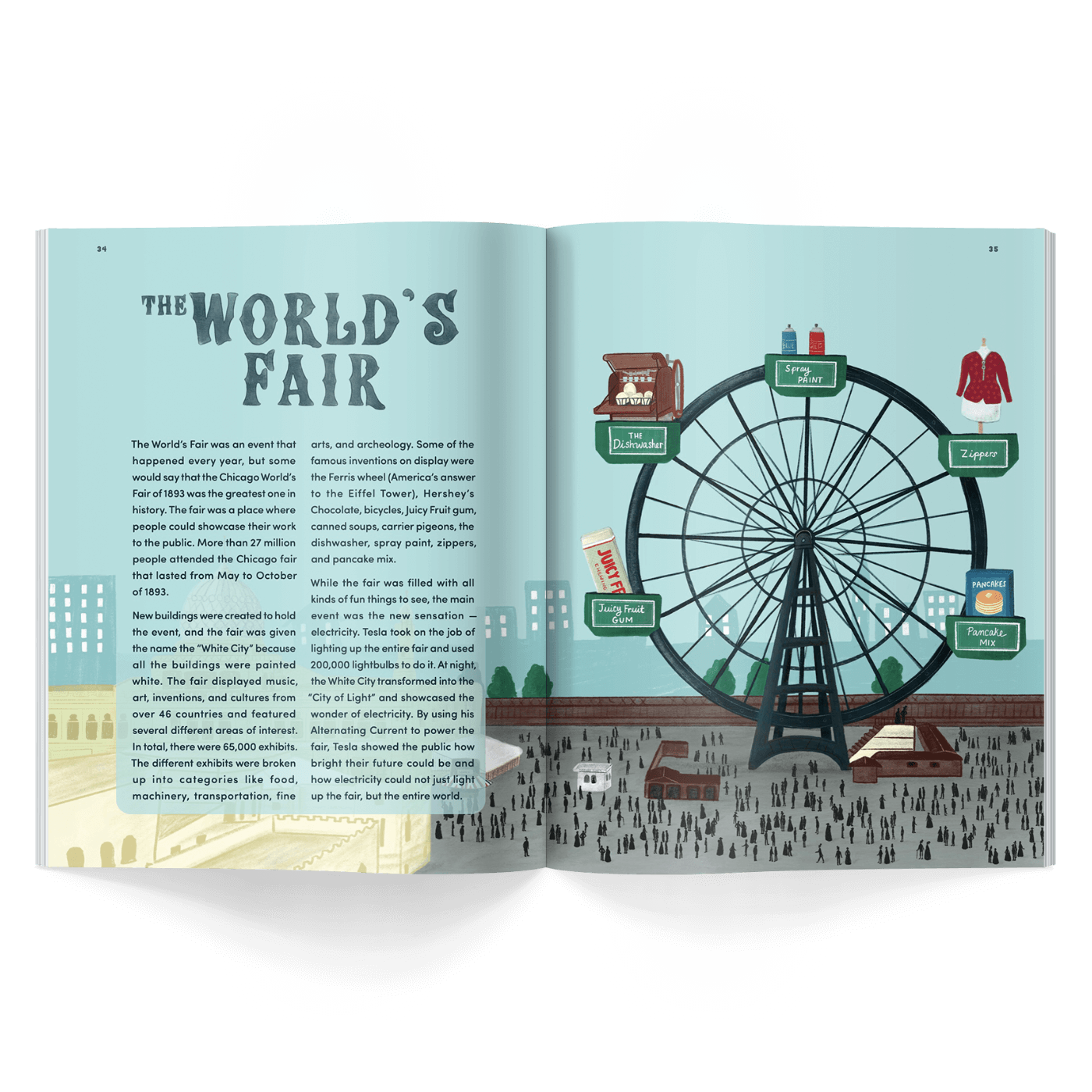 Open history magazine for kids with illustrations of a Ferris wheel and text about the World's Fair on a light blue background.