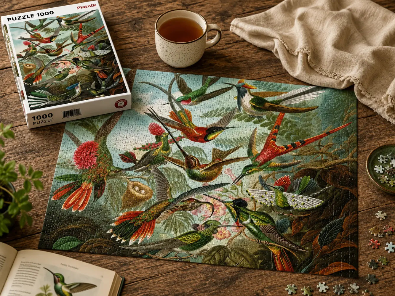 Jigsaw puzzle with hummingbird design on a wooden table with a cup of tea and napkin.