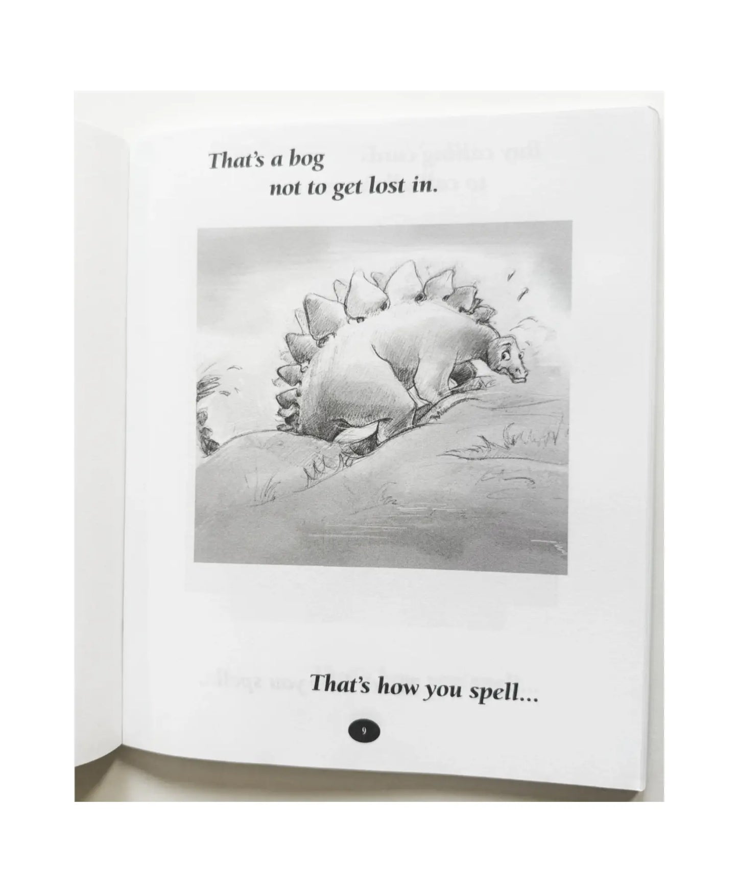 Illustration geography riddle book of a dinosaur in a book with text about not getting lost.