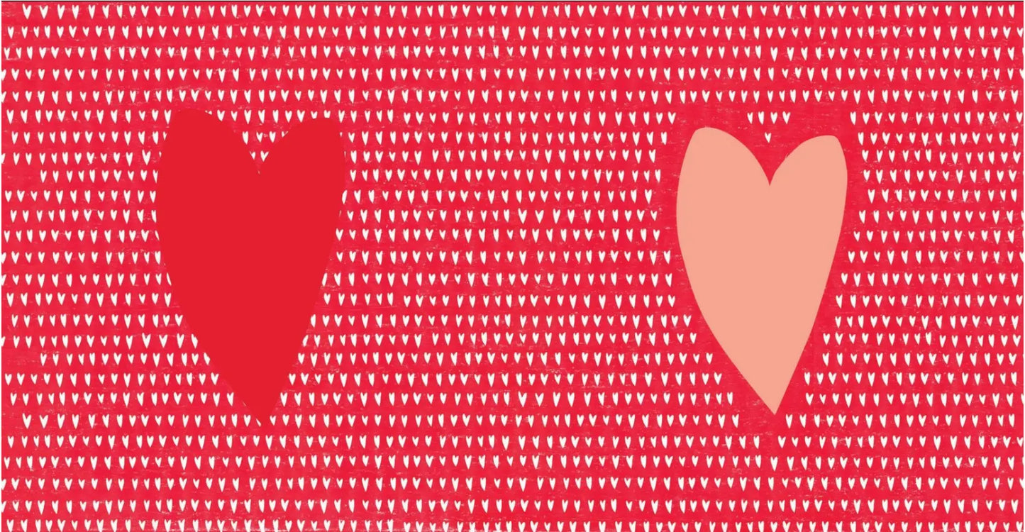 endpapers from In My Heart with white hearts on red and larger red and pink hearts