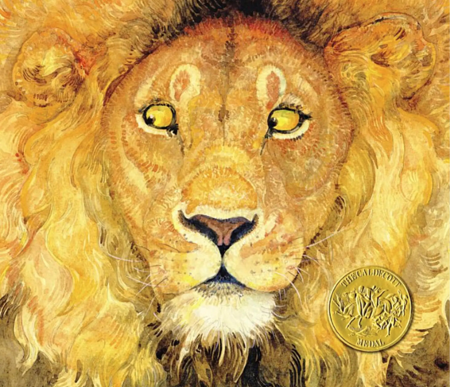 Illustration of a lion's face with a gold seal on a yellow background
