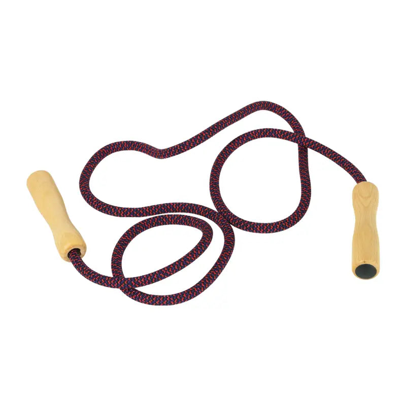 Purple jump rope with beige handles on a white background