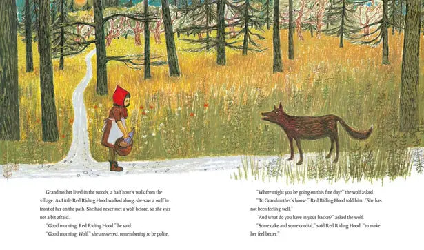 Illustration of a girl in a red hood walking with a wolf in a forest.