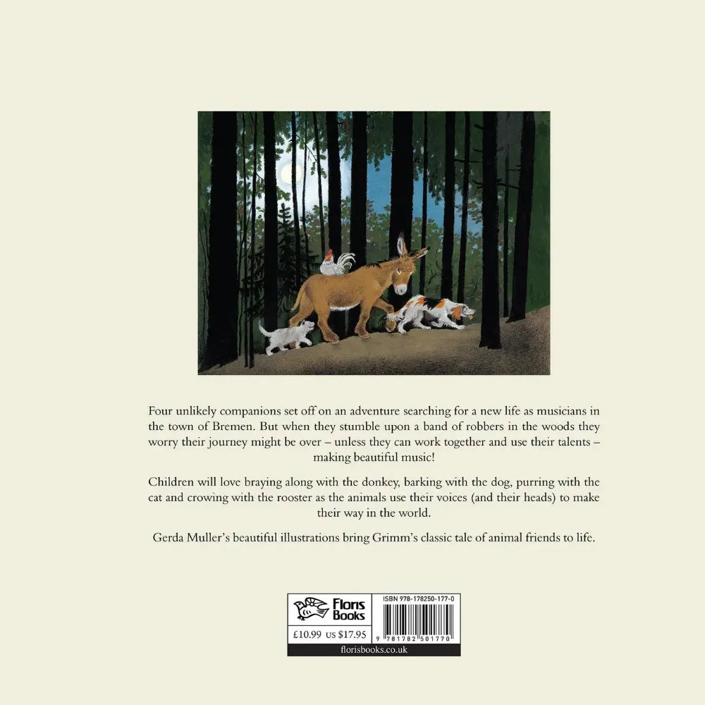 Bookback with illustration of animals in a forest and text about the story Musicians of Bremen by Gerda Muller.
