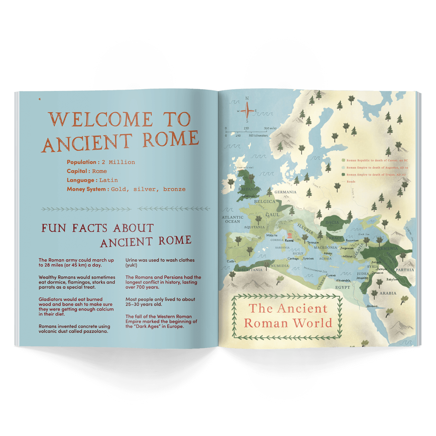 Open kids magazine about Ancient Rome with map and text on a black background