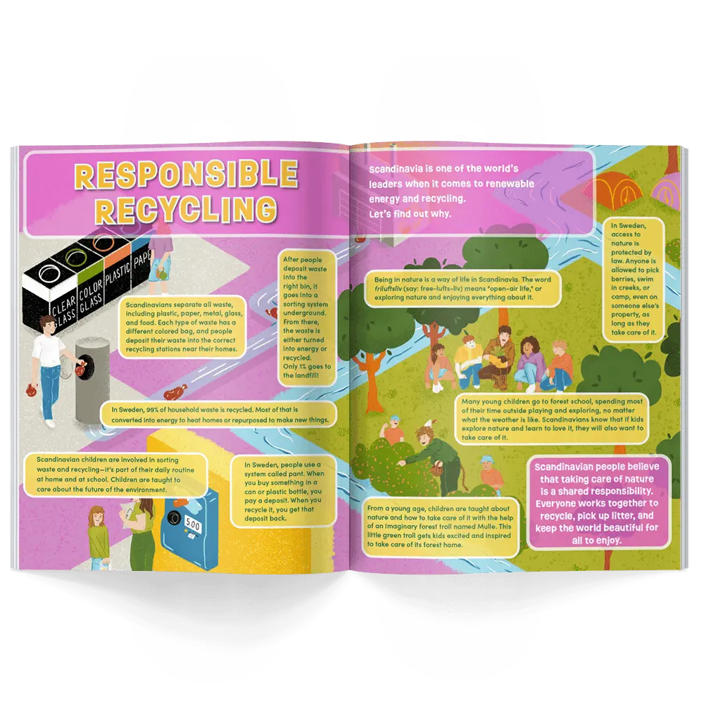 Open history magazine for kids with educational content on responsible recycling