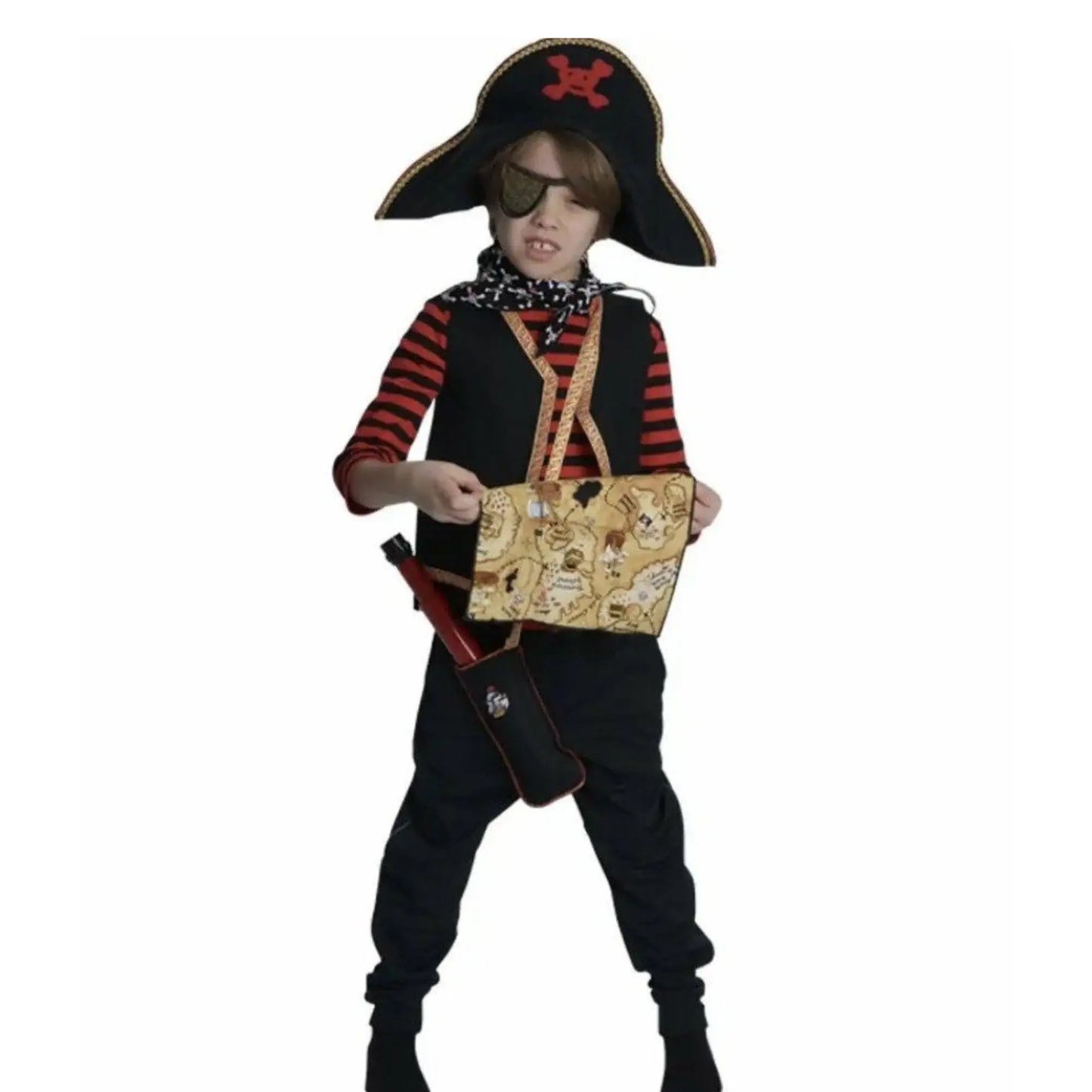Child in a pirate costume with a map and eyepatch on a white background