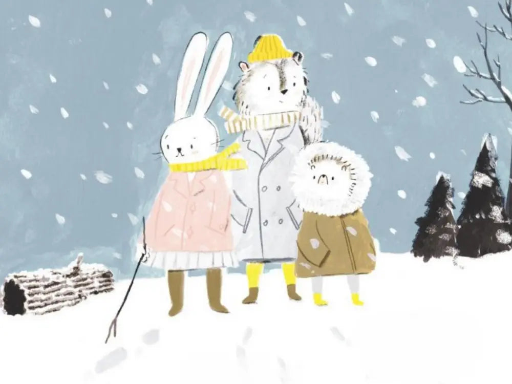 Illustration of a rabbit, wolf, and hedgehog standing in a snowy landscape with trees.