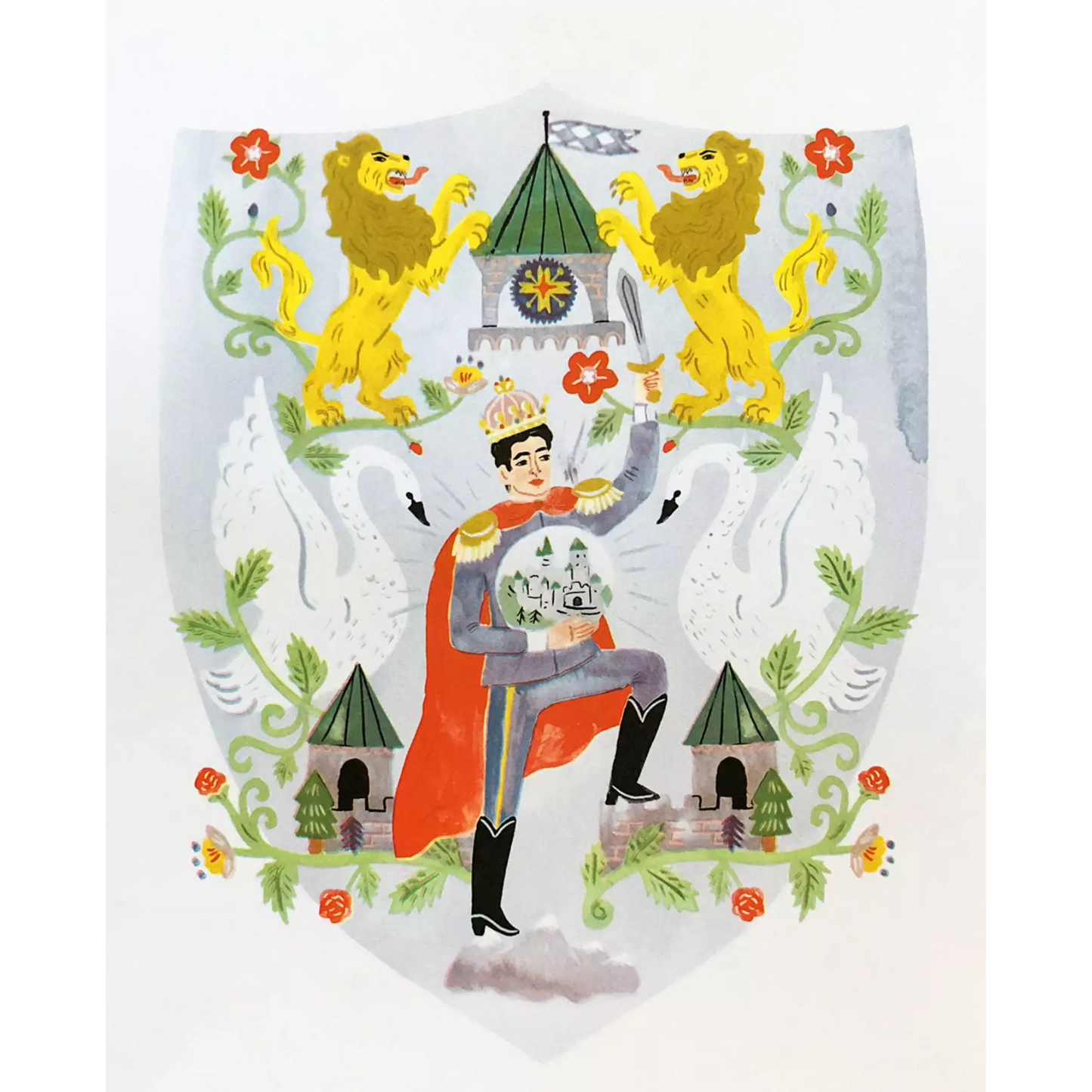 King Ludwig II art print showing crowned figure with sword and snow globe, surrounded by swans, castles, and decorative elements