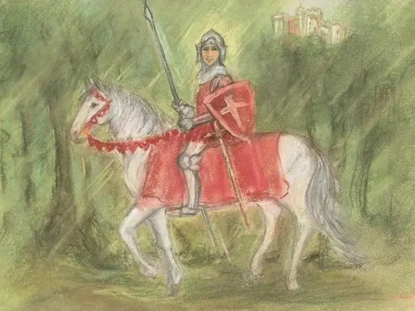 Marjan van Zeyl Waldorf fairy tale postcard of Knight Percival on a horse