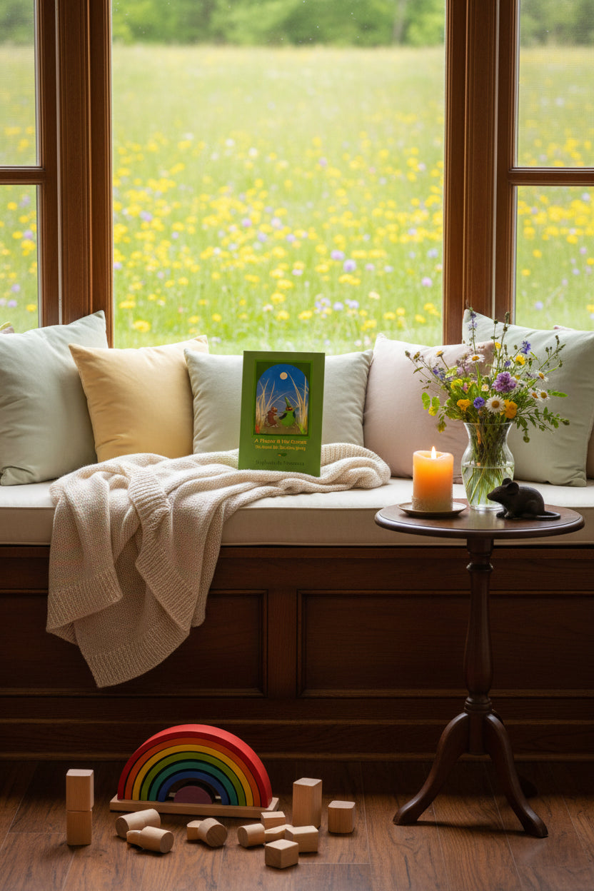A book on a window seat with a meadow view, a table with candle and flowers, and wooden rainbow toys on the floor.