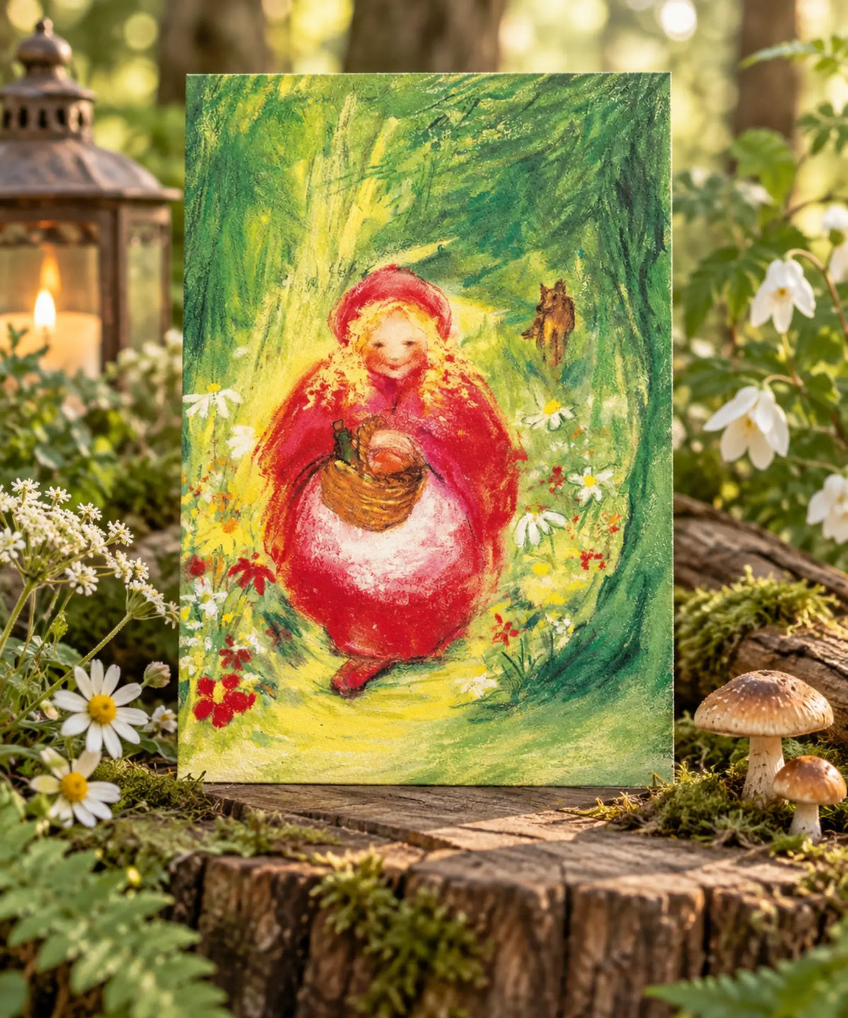 Marjan van Zeyl Little Red Riding Hood postcard displayed on a woodland stump with mushrooms, ferns, and flowers