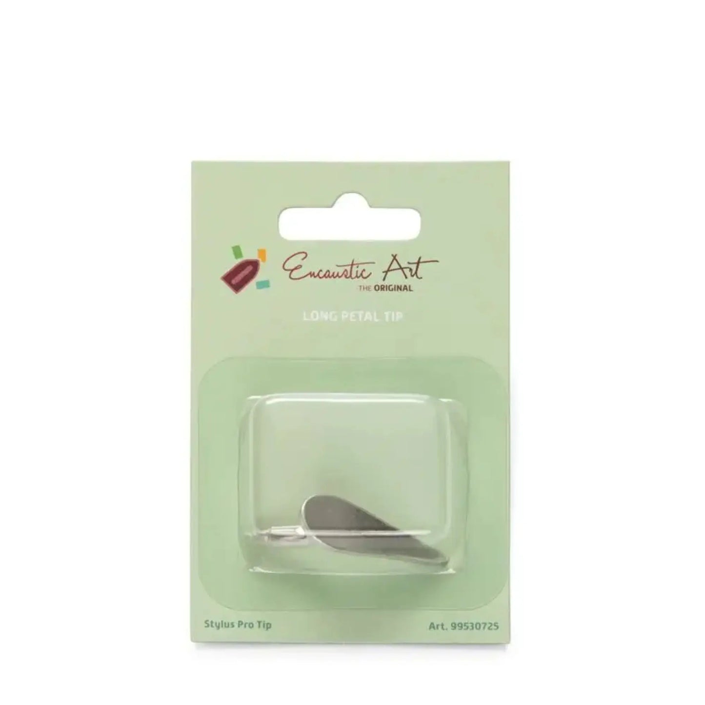 Metal Encuastic Art Tip called a Long Petal Tip for the Stylus Pro on it's side inside a clear retail package with mint green backing