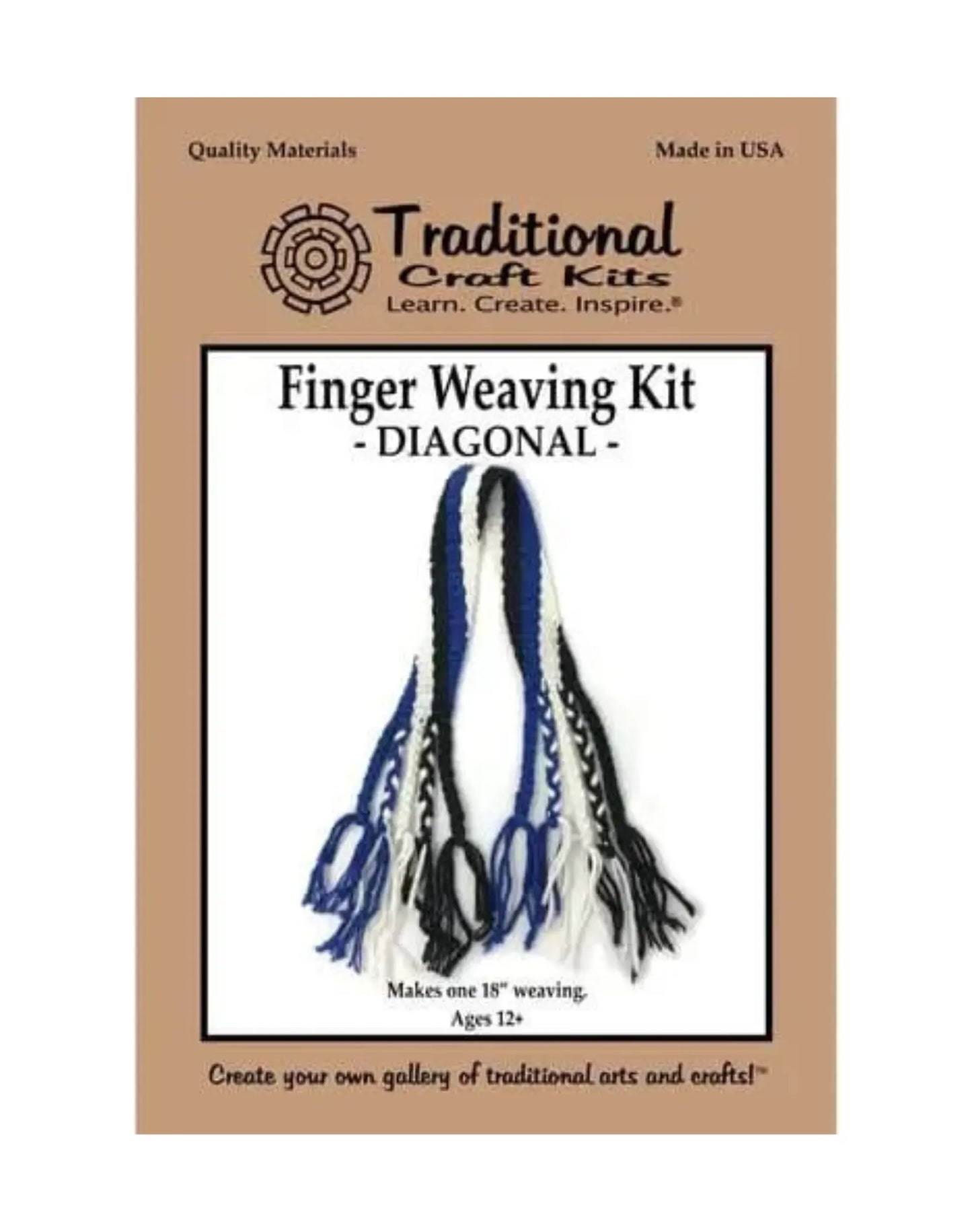 Loomless weaving kit packaging for a diagonal blue, white, and black finger weaving project