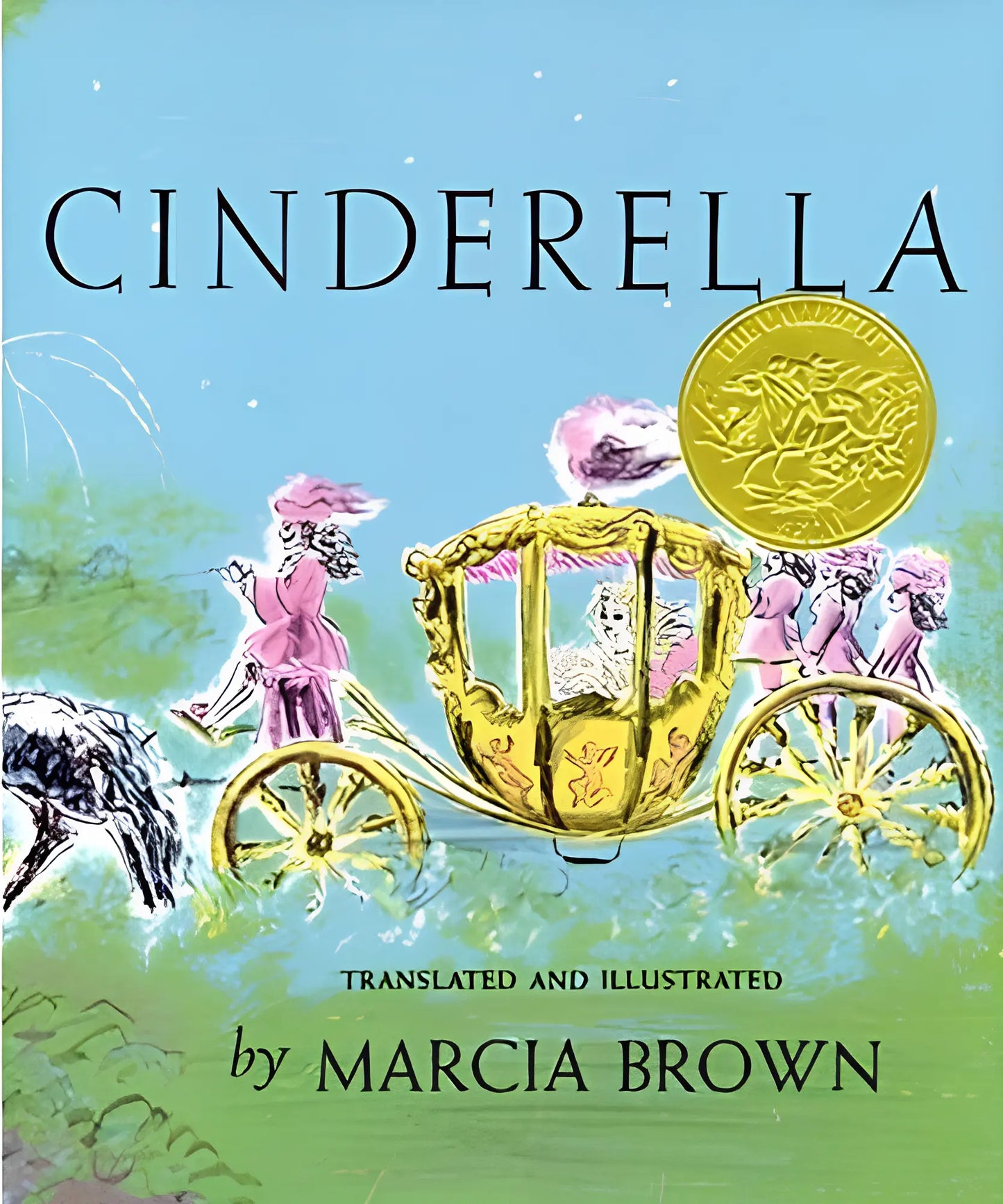 Book cover of 'Cinderella' with a gold coach and fairy godmother illustration.