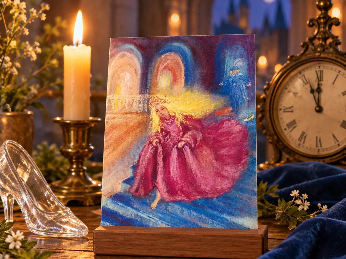 Marjan van Zeyl Cinderella fairy tale postcard displayed in a wooden holder with a glass slipper, antique midnight clock, candlelight, and blue velvet.