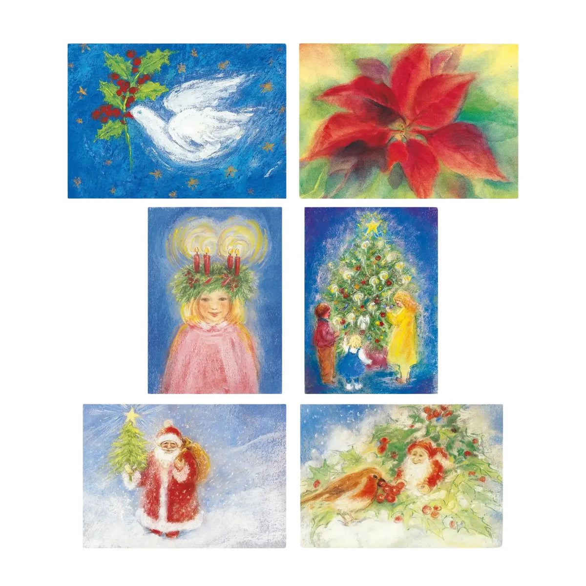 Marjan van Zeyl Christmas and winter holiday postcard set featuring six illustrations of Saint Lucia, a white dove with holly, a poinsettia, children decorating a Christmas tree, Father Christmas, and a winter robin.
