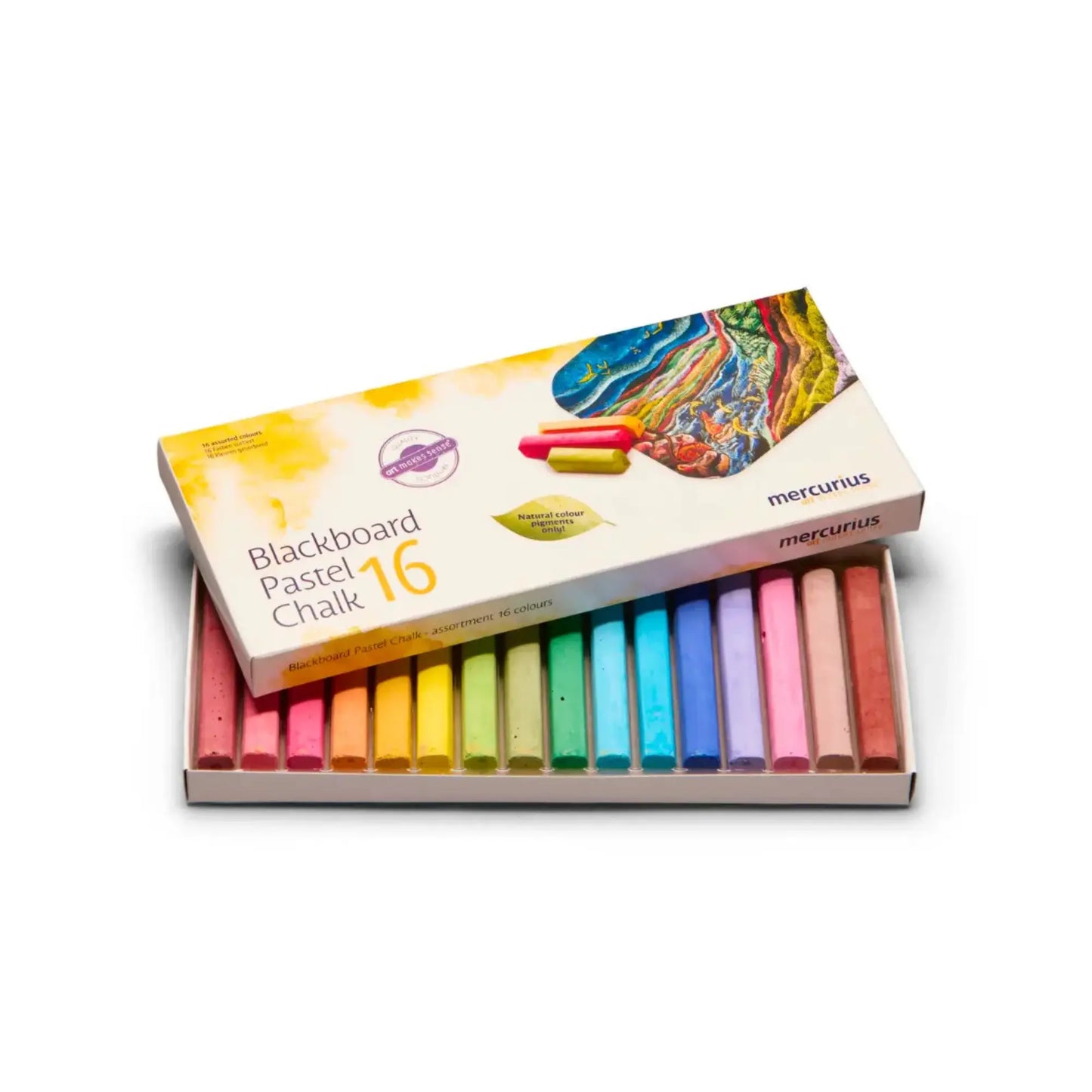 Box of mercurius blackboard pastel chalks on a white background