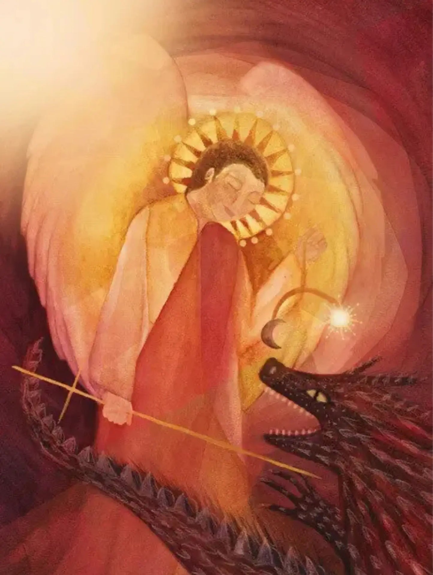 Saint Michael, the Dragon and his sword of light in reds, vermilions and golds