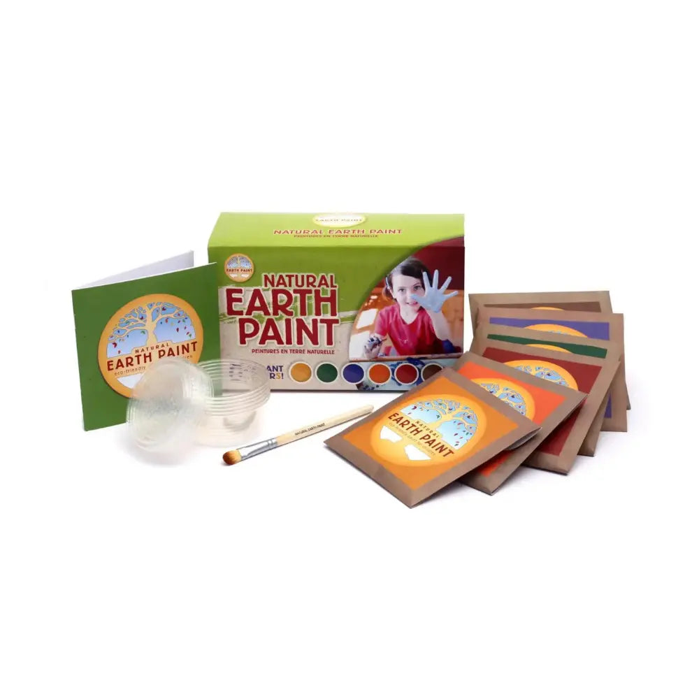 Natural Earth Paint kit with books and paintbrush on a white background