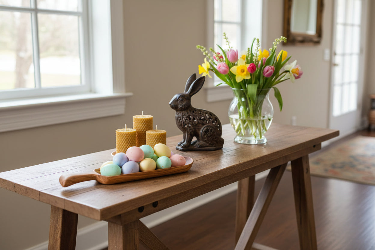 easter eggs in a tray on a table with cast iron bunny and vase of spring flowers