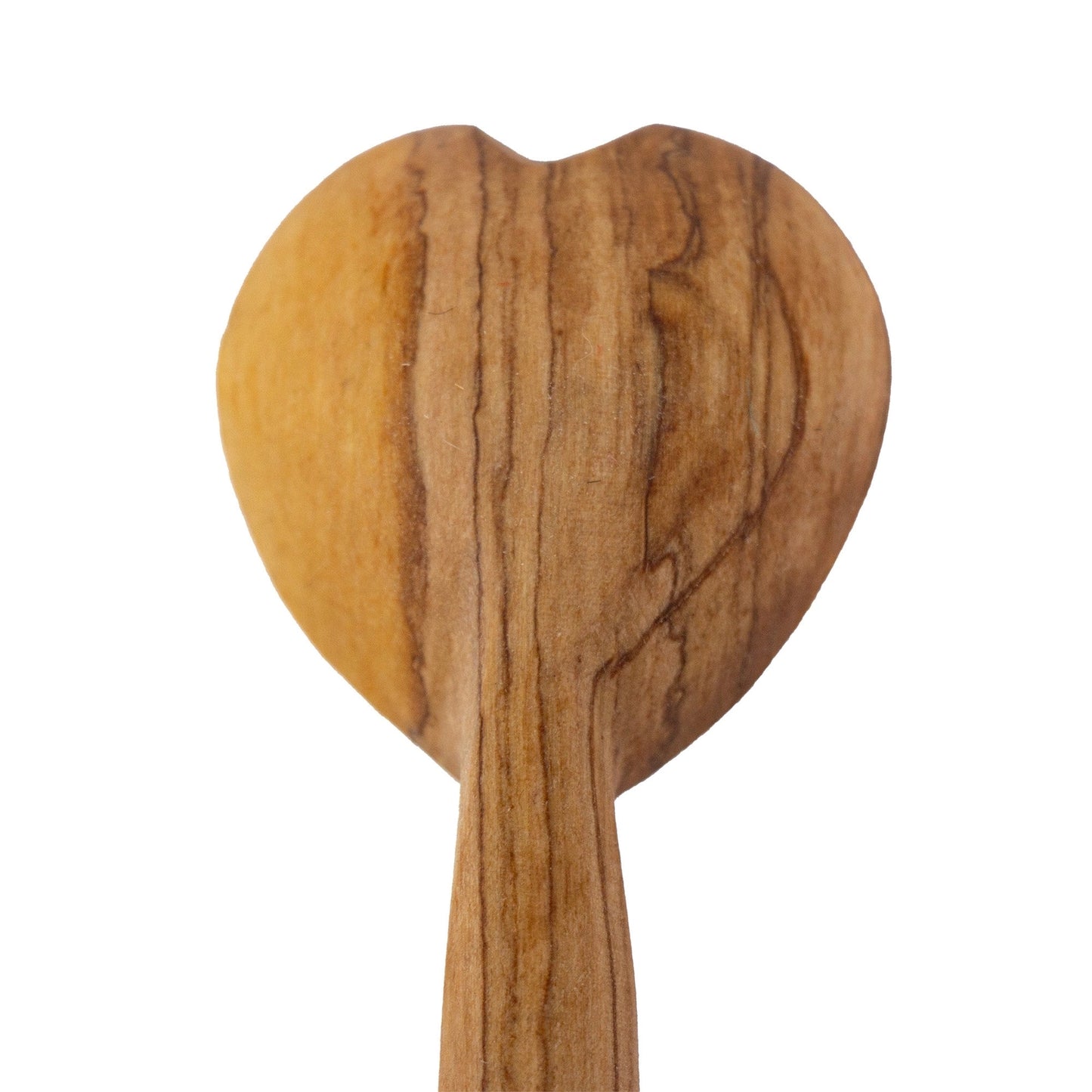 Back view of hand-carved olive wood heart spoon showing smooth finish and carved shape