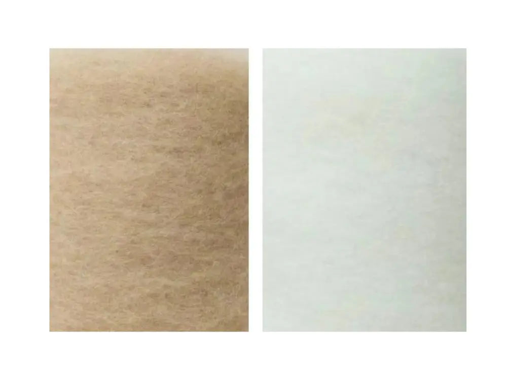 Two color swatches of plant dyed wool in tan and cream