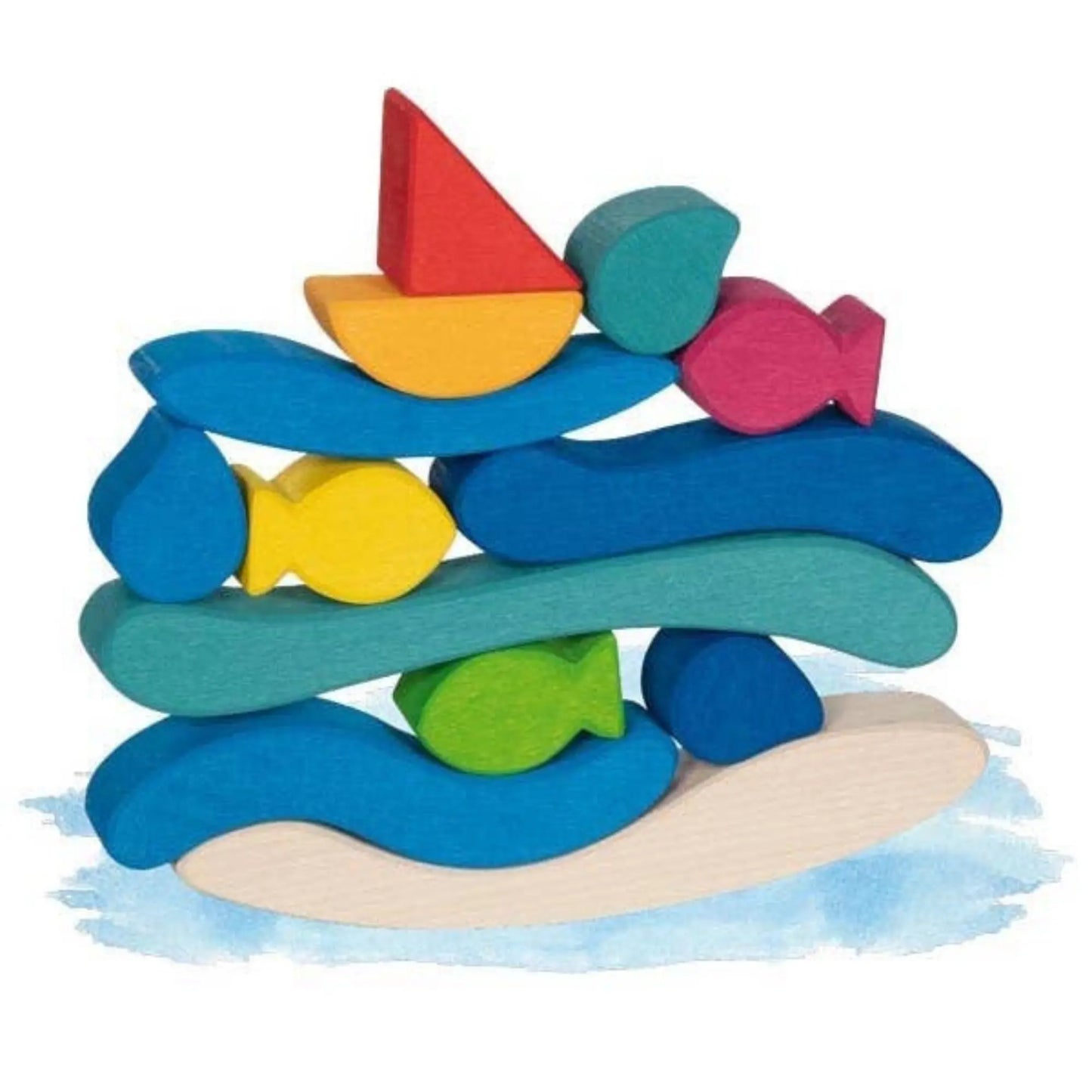 Colorful wooden toy stack with boats and fish on a white background