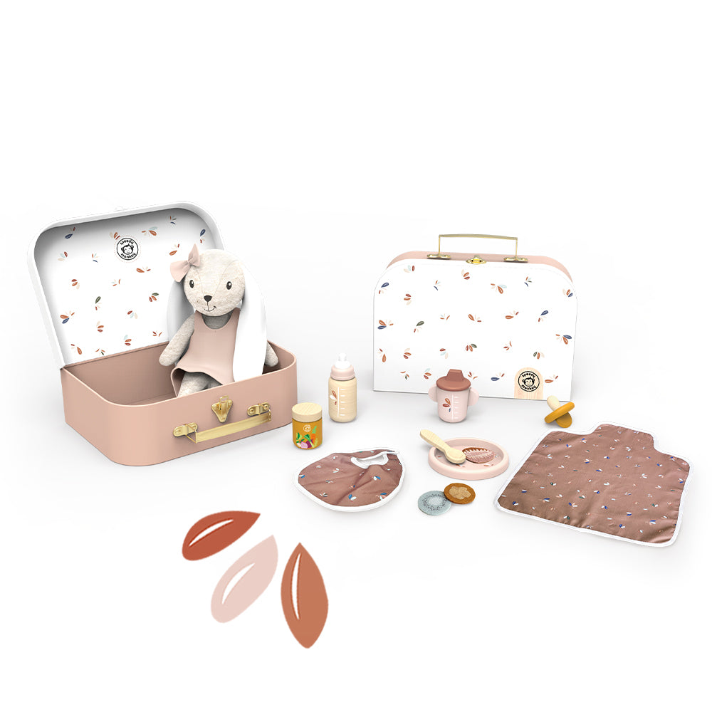 Rabbit doll care set with suitcase, feeding accessories, bib, and changing pad for pretend play