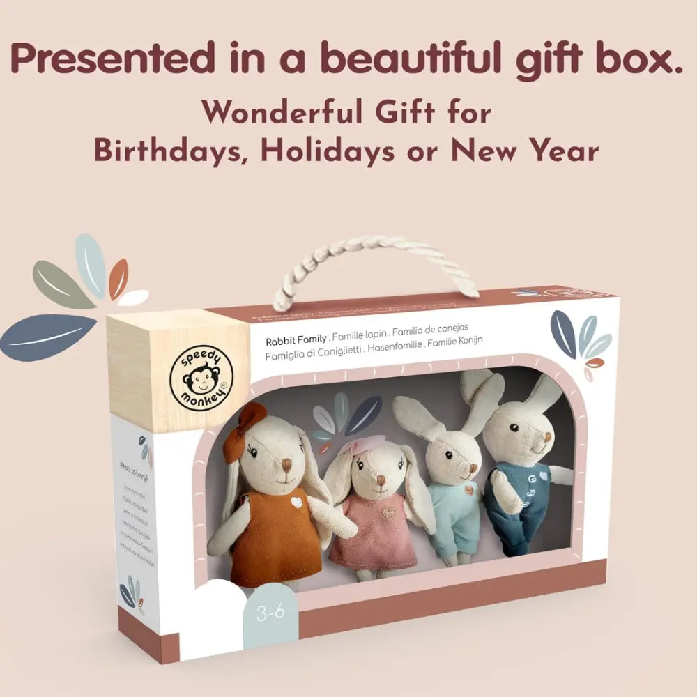 Rabbit family toy set shown in giftable box packaging with presentation details