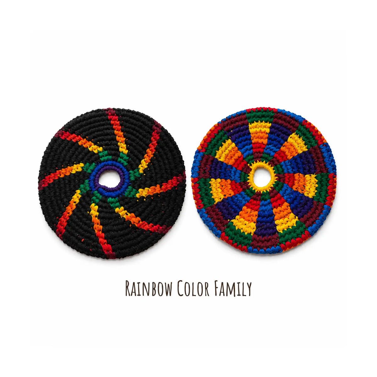 two rainbow color family maya flya soft frisbees on a white background