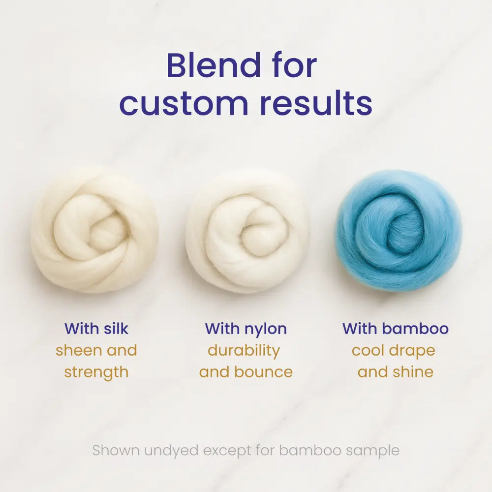 Rambouillet Wool Combed Top blended with silk, with nylon, and with bamboo to show custom blending results