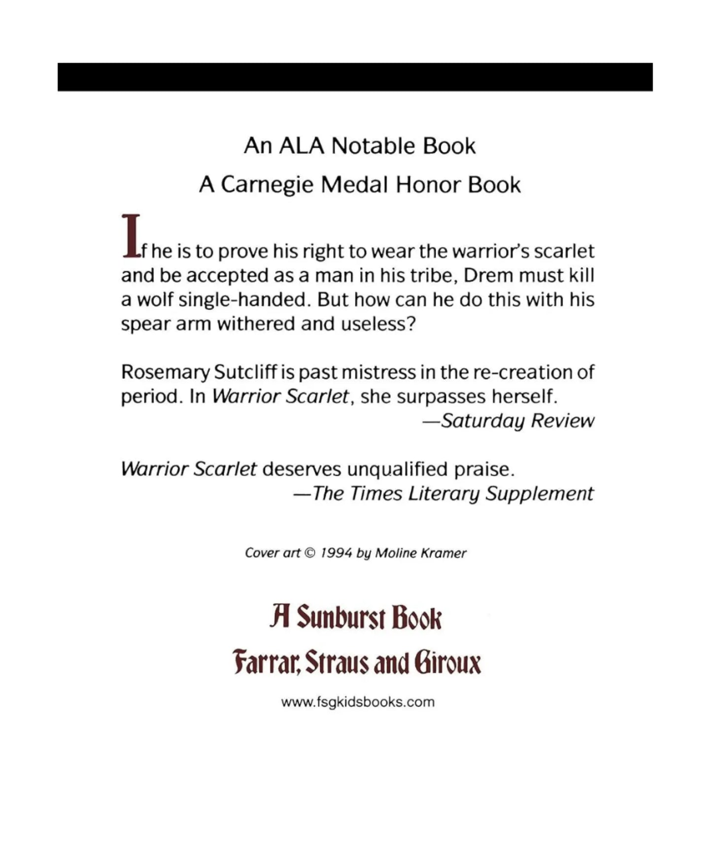 Book cover text for 'Warrior Scarlet' by Rosemary Sutcliff, featuring reviews and publisher information.
