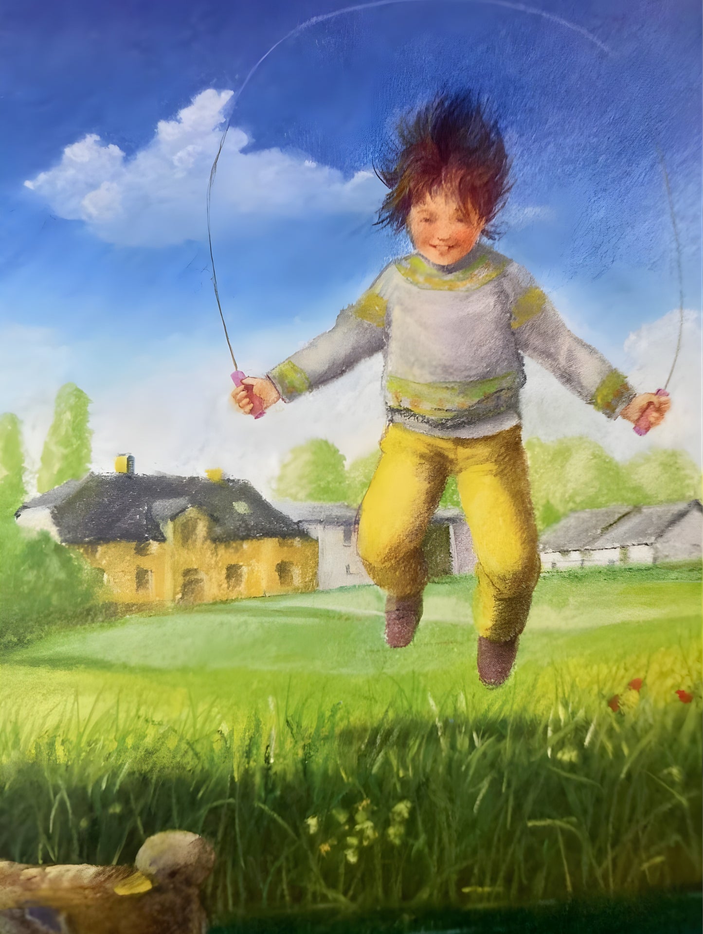 Child jumping rope in a grassy field with houses in the background