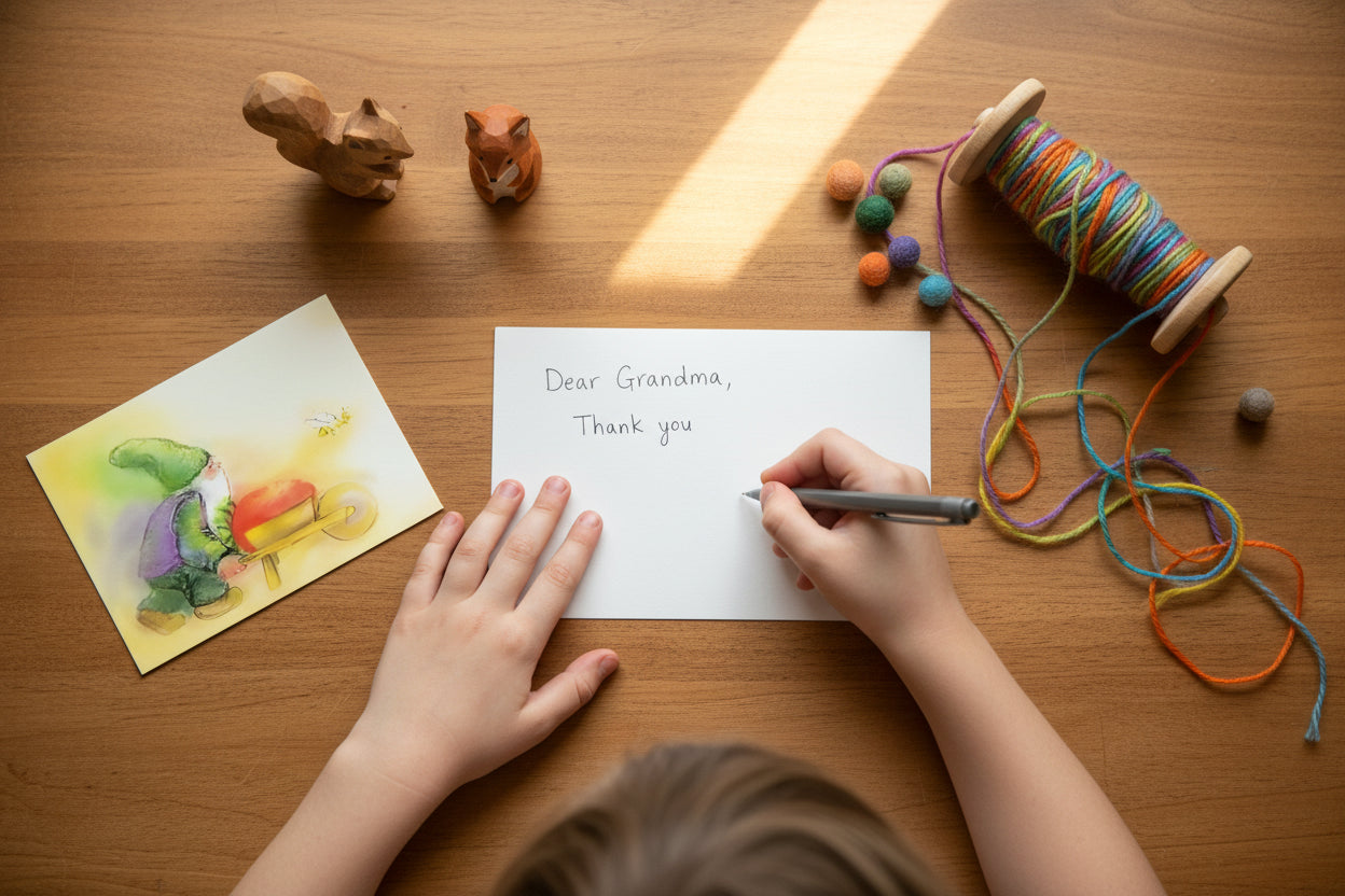 gnome card and a child writing in a blank card on a desk with wooden toys and rainbow yarn.