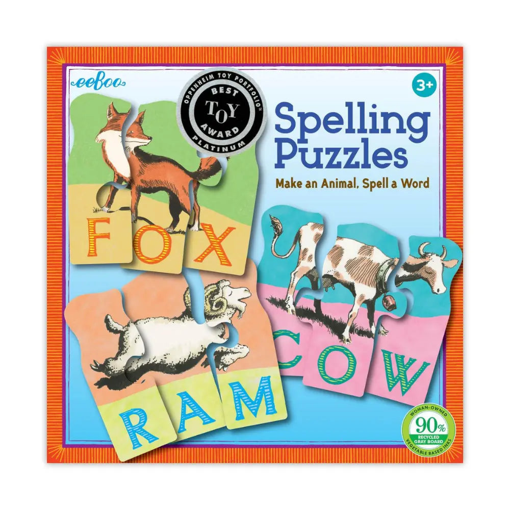 Front of animal spelling puzzles box showing illustrated animals and letters