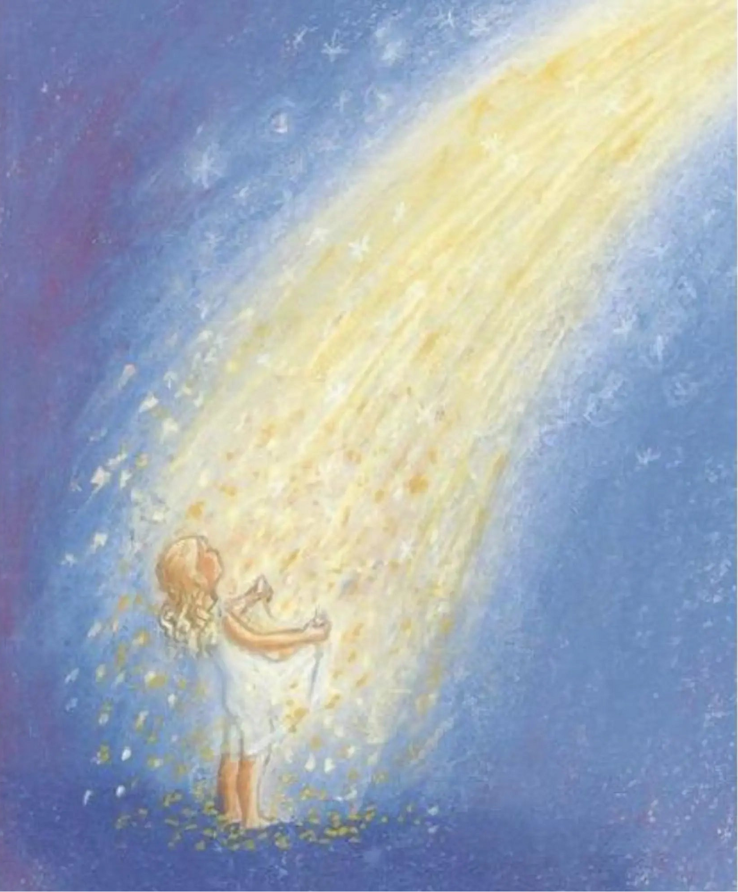 Illustration of a person holding a bright comet-like object against a blue sky.