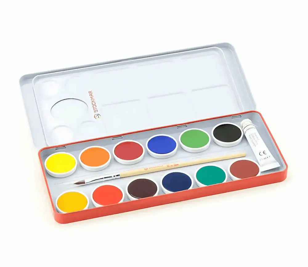 Opaque watercolor paint set with a brush and bottle on a white background