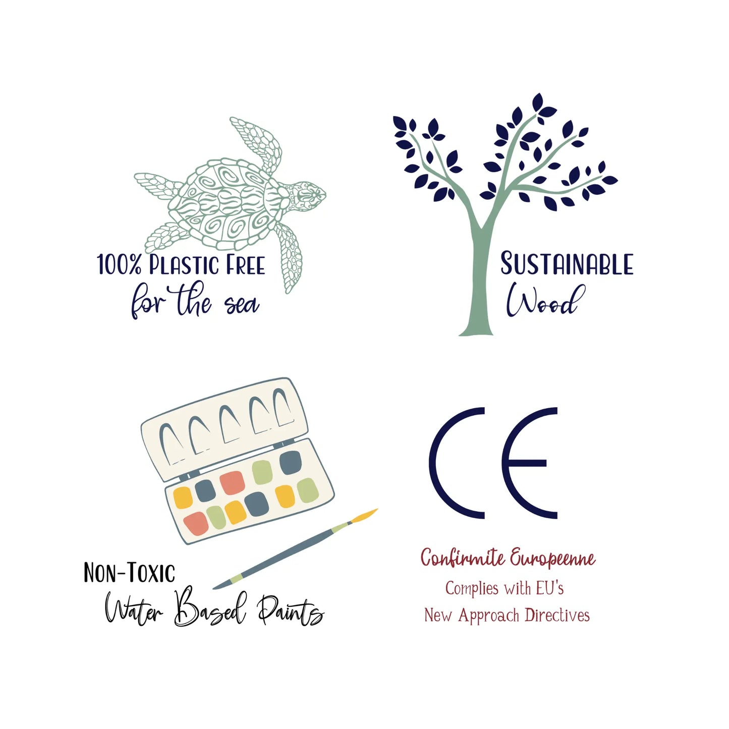 Icons of a turtle for plastic free, tree for sustainable wood, paint set for non-toxic paints, and CE for CE mark certification