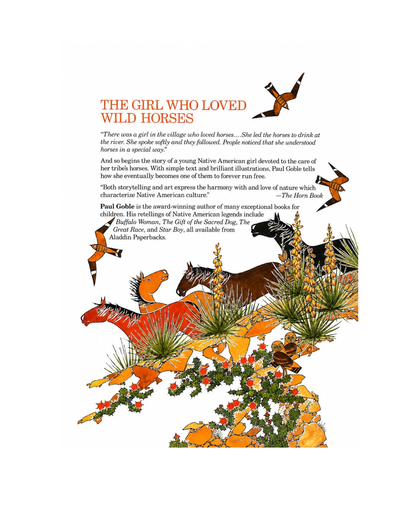 Book cover of 'The Girl Who Loved Wild Horses' with illustrations of horses and text.