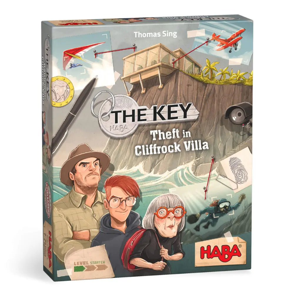 Board game box for 'The Key: Theft in Cliffrock Villa' by HABA with illustrations of characters and a cliffside scene.