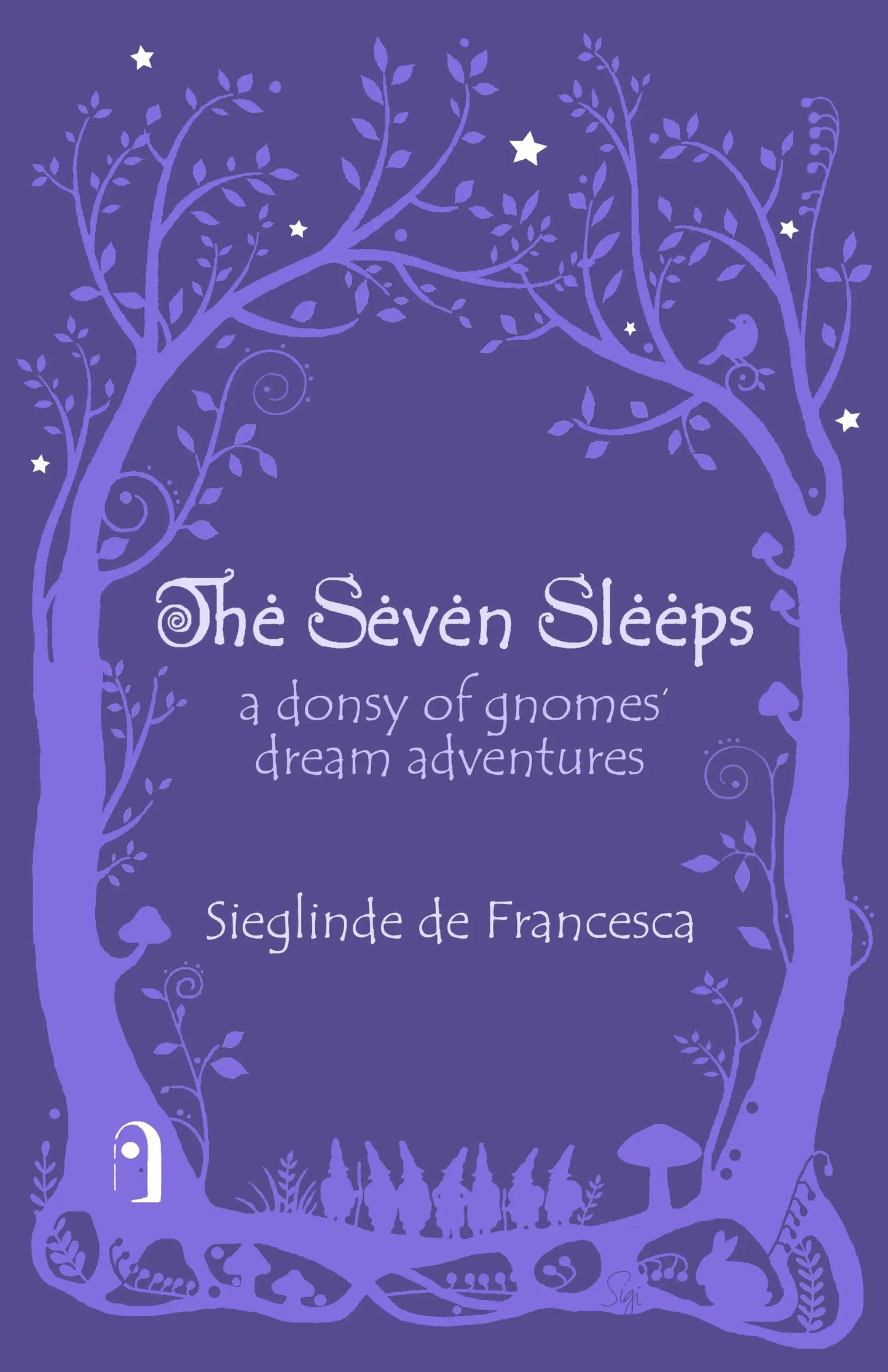 Book cover of 'The Seven Sleeeps' with a purple tree design and text.
