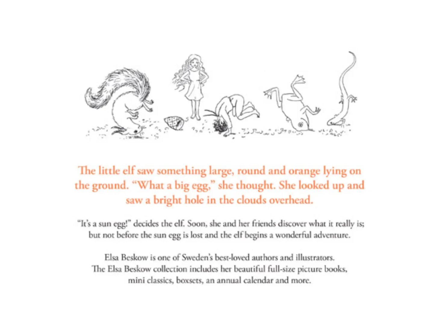 Illustration of a sun and characters with text about an egg and sun egg adventure, featuring Elsa Beskow's work.