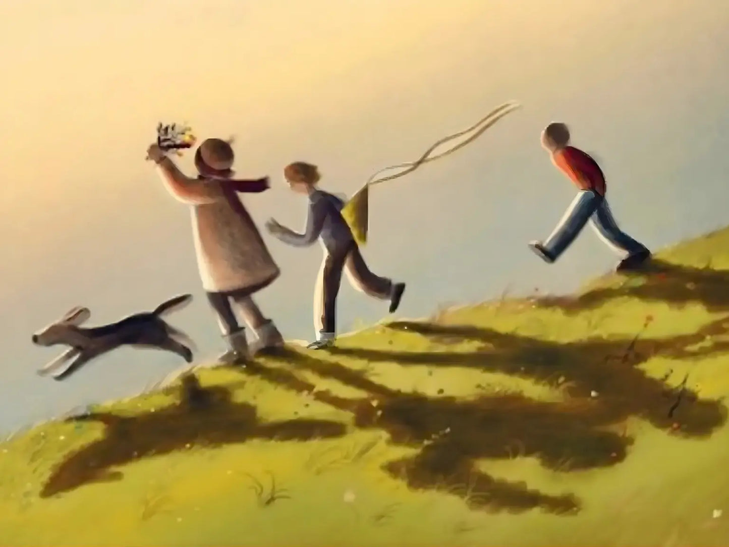 children and a dog playing on a hill with short shadows behind them