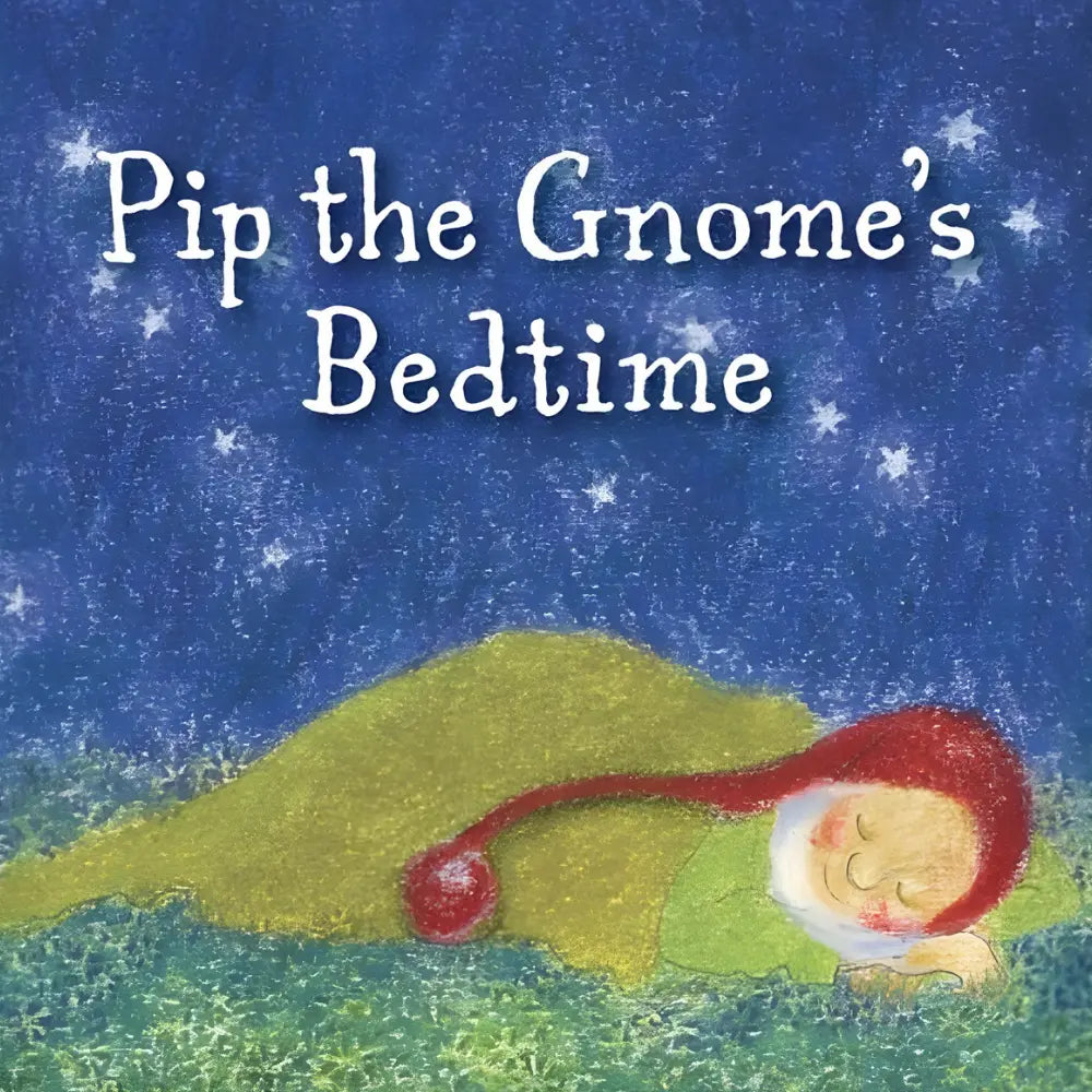 Illustration of a gnome sleeping under a starry sky with 'Pip the Gnome's Bedtime' text.